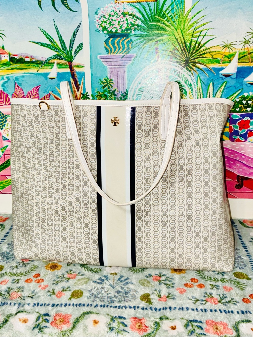 Tory Burch Gemini Link Coated Canvas Leather Tote French Gray